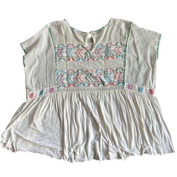 Free People Boho Aztec Pastel Embroidered Flowy Shirt Oversized Size XS - Picture 2 of 6